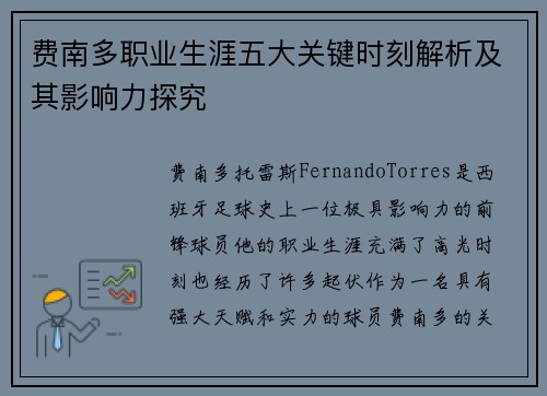 费南多职业生涯五大关键时刻解析及其影响力探究