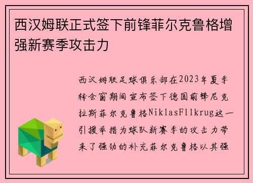 西汉姆联正式签下前锋菲尔克鲁格增强新赛季攻击力