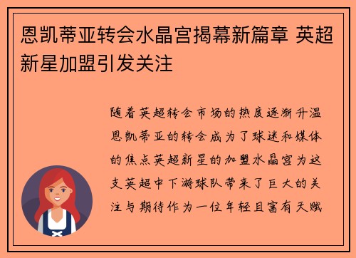 恩凯蒂亚转会水晶宫揭幕新篇章 英超新星加盟引发关注